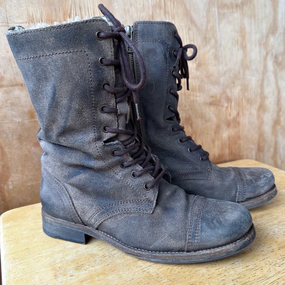All Saints Spitalfields Gray Brown Combat Moto Lace Up Side Zip Distressed Boot - Picture 15 of 15